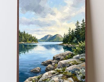 Jordan Pond Acadia National Park Print, Maine Landscape Wall Art, The Bubbles Mountain Lake Painting, Coastal Maine Decor
