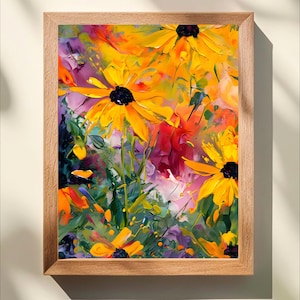 Black Eyed Susan Wall Art, Maryland State Flower Print, Wildflower Nature Painting, Yellow Floral Decor, Living Room Impasto Print