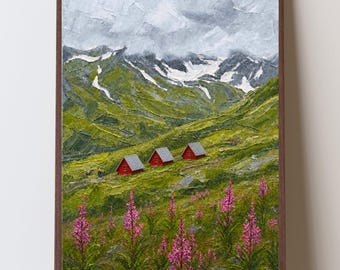 Stampa artistica impressionista di Hatcher Pass, Alaska, decorazione murale delle cabine della miniera di Independence, paesaggio delle montagne Fireweed in Alaska, Palmer AK Decor