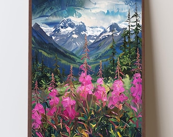Könnte beinhalten: Gerahmtes Landschaftsgemälde, das eine Berglandschaft mit schneebedeckten Gipfeln unter einem bewölkten Himmel zeigt. Leuchtend rosa Wildblumen blühen im Vordergrund, mit grünen Bäumen und Blättern, die das Tal ausfüllen. Das Kunstwerk ist in einem dunkelbraunen Holzrahmen eingefasst.