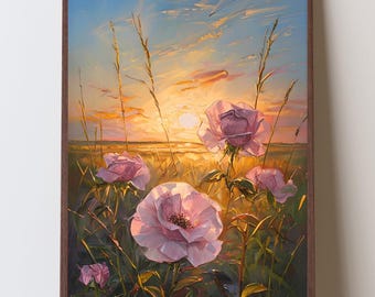 Stampa artistica Prairie Rose, stampa murale con fiori selvatici del Midwest, decorazione con tramonto nella prateria alta, fiori dello stato dell'Iowa e del Dakota del Nord