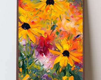 Maryland State Flower Print, Black Eyed Susan Wall Art, Wildflower Nature Artwork, Yellow Floral Decor, Living Room Impasto Print