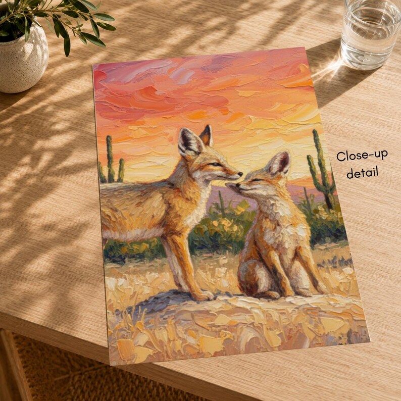 May include: An oil painting print featuring two foxes in a desert landscape with saguaro cacti under a vibrant orange and pink sunset sky. The artwork displays thick, textured brushstrokes and includes the text Close-up detail on the right.