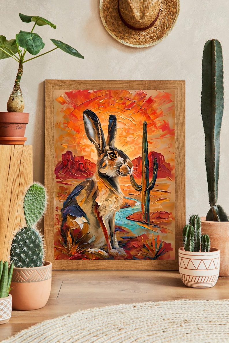Puede incluir: Una impresi&oacute;n art&iacute;stica enmarcada con una pintura al &oacute;leo estilo impasto de una liebre marr&oacute;n en un paisaje des&eacute;rtico. La escena muestra un vibrante atardecer naranja y rojo, un cactus saguaro alto y un arroyo azul serpenteante.