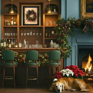 May include: A home bar area featuring three green upholstered bar stools, a wooden shelving unit with glassware and bottles, a framed Christmas wreath print, and a fireplace decorated with pine garlands and red poinsettias with a dog lying nearby.
