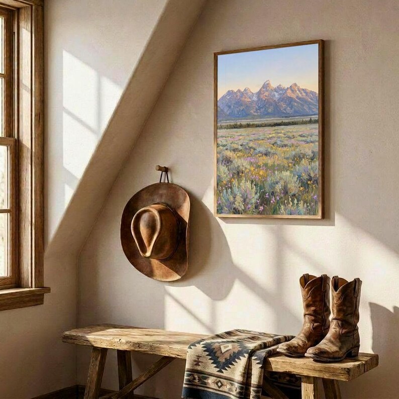 May include: A framed landscape print of snow-capped mountains above a field of wildflowers, a brown felt cowboy hat hanging on the wall, and a pair of brown leather cowboy boots resting on a wooden bench draped with a patterned textile.