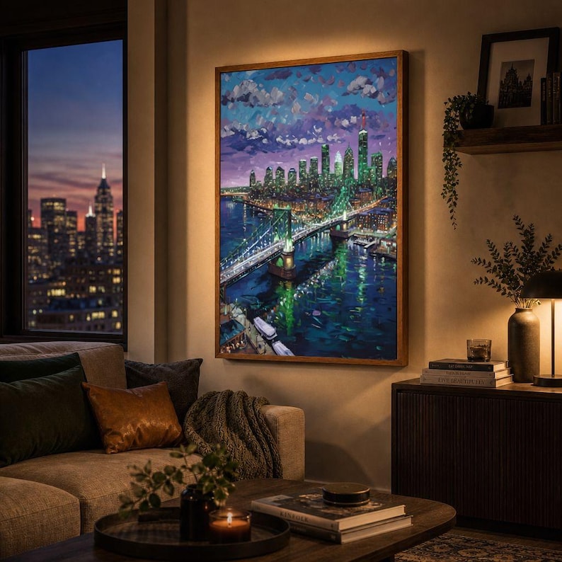 Väggkonst med Philadelphias silhuett och gröna stadsljus, Ben Franklin-bron på natten, Philly Pride-present, reflektioner över Delawarefloden bild 2