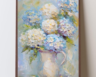 Arte rustica con ortensie blu, decorazioni per cucina in stile costiero del New England, decorazioni murali in stile cottage francese, stampe floreali in stile fattoria