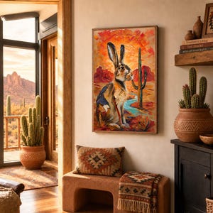 Puede incluir: Una impresi&oacute;n de arte mural rectangular que presenta una pintura al &oacute;leo de una liebre marr&oacute;n sentada en un paisaje des&eacute;rtico con un cactus saguaro alto, formaciones rocosas rojas y un cielo de atardecer naranja y amarillo.