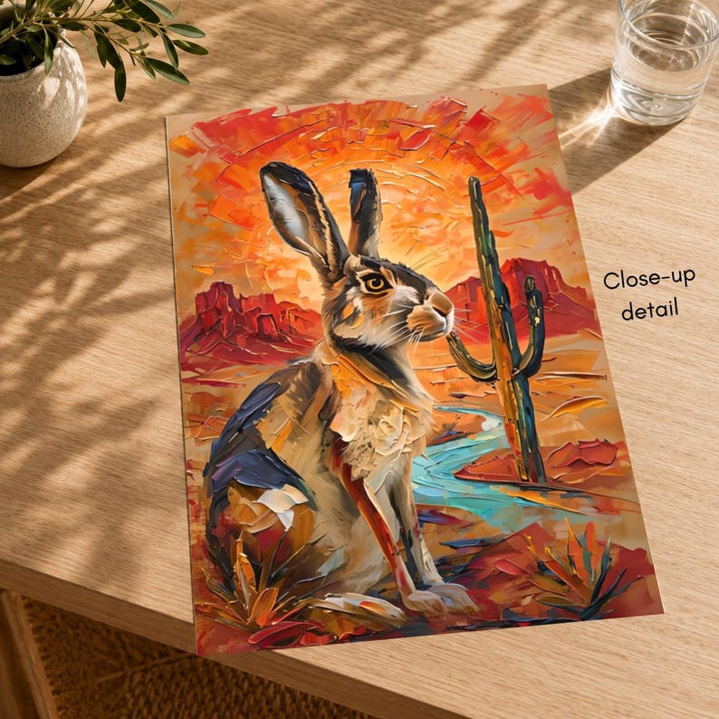 Puede incluir: Una impresi&oacute;n art&iacute;stica rectangular con una pintura al &oacute;leo de una liebre marr&oacute;n en un paisaje des&eacute;rtico con un cactus verde, un arroyo azul, rocas rojas y un sol naranja vibrante, con el texto Close-up detail.