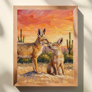 May include: An oil painting in a light wood frame depicting two foxes in a desert landscape at sunset. The scene features a standing fox and a sitting fox, with saguaro cacti in the background under a vibrant orange and pink sky with thick paint texture.