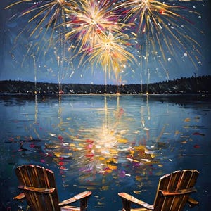 May include: An oil painting depicting two wooden Adirondack chairs on a wooden dock overlooking a dark lake at night. Above the distant treeline, three large, vibrant fireworks explode in shades of gold, yellow, and pink, reflecting on the water.
