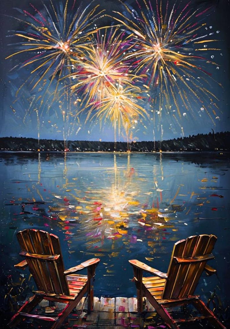 May include: An oil painting depicting two wooden Adirondack chairs on a wooden dock overlooking a dark lake at night. Above the distant treeline, three large, vibrant fireworks explode in shades of gold, yellow, and pink, reflecting on the water.