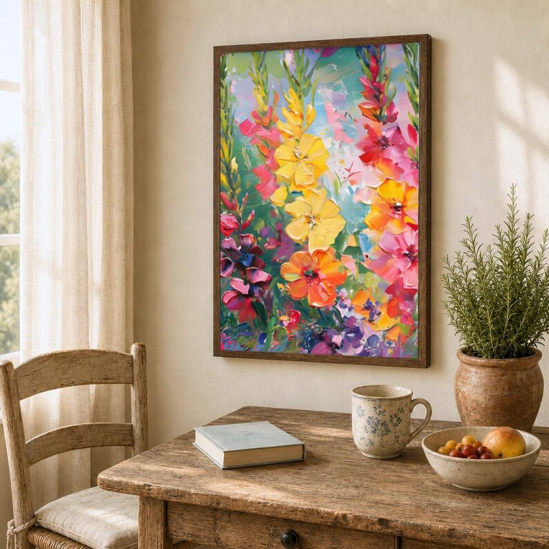 Pu&ograve; includere: Dipinto floreale incorniciato con colori vivaci, tra cui fiori gialli, arancioni, rosa e viola. L'opera d'arte &egrave; esposta su una parete beige, con un tavolo e una sedia di legno in primo piano. Una piccola pianta in vaso, una tazza, un libro e una ciotola di frutta sono sul tavolo.