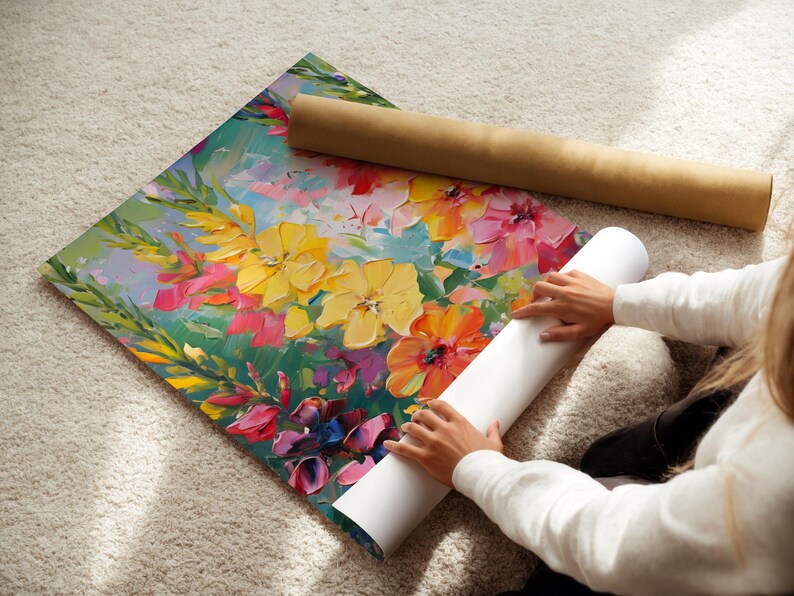 Pu&ograve; includere: Una colorata stampa artistica floreale con fiori gialli, rosa e arancioni e foglie verdi. L'opera d'arte &egrave; arrotolata con un tubo marrone e un tubo bianco.