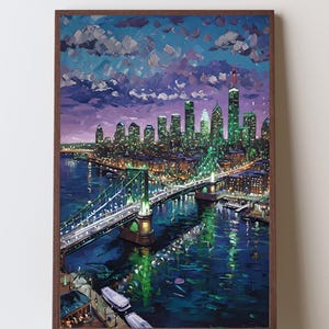 May include: A framed oil painting depicting a city skyline at night with a bridge spanning a dark blue river. The scene features illuminated skyscrapers in shades of green and yellow under a purple and blue sky with thick, textured brushstrokes.