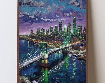 Philadelphia Skyline Wall Art with Green City Lights, Ben Franklin Bridge at Night, Philly Pride Gift, Delaware River Reflections