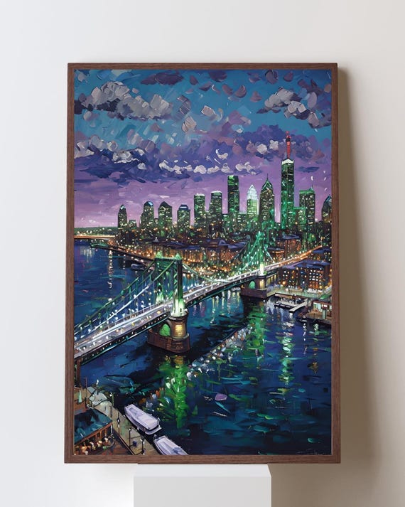 Philadelphia Skyline Wall Art with Green City Lights, Ben Franklin Bridge at Night, Philly Pride Gift, Delaware River Reflections