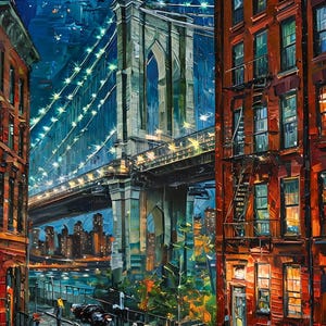 May include: An impressionistic painting of the Brooklyn Bridge at night. The bridge is lit with bright lights, and the buildings on either side are painted in warm tones of red and orange. The night sky is a deep blue.