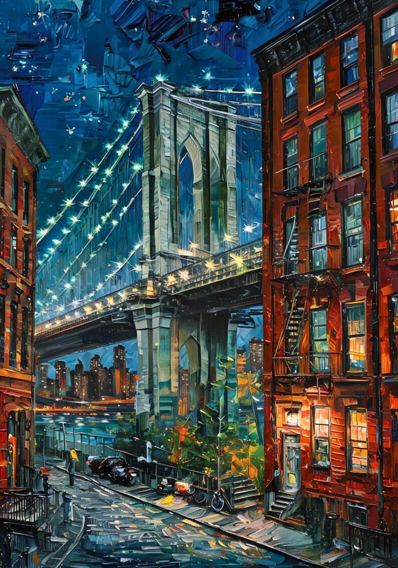 May include: An impressionistic painting of the Brooklyn Bridge at night. The bridge is lit with bright lights, and the buildings on either side are painted in warm tones of red and orange. The night sky is a deep blue.