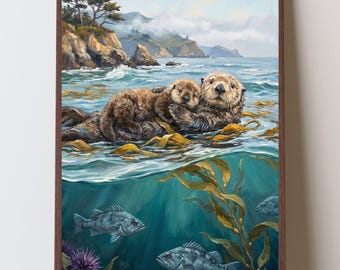 Stampa artistica di una lontra marina, decorazione murale costiera californiana, arredamento con fauna selvatica di Monterey, arredamento per Air BnB nel sud della California