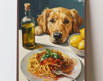 Golden Retriever Funny Kitchen Art Print, Gift for Dog Lovers, Spaghetti Dog Painting, Italian Dinner Wall Art