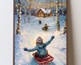 Cozy Winter Sledding Print, Kids' Snow Day Art, Children Sledding at Night, Country Christmas Decor, Twinkle Lights Snowy Cottage Art