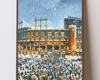Vintage Green Bay Football Stadium Art Print, Wisconsin Football Wall Art, Snowy Game Day Decor