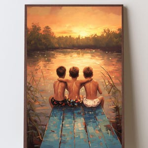 Summer Lake Art Print, Lake Life Art, Boys on Lake Dock Wall Art, Nostalgic Lakehouse Decor, Gift for Mom of Boys