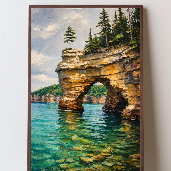 Abgebildete Rocks Missouri Kunstdruck, Lake Superior Küstenklippen, Obere Halbinsel Wandkunst, Landschaft der Großen Seen, Midwest Naturdekor