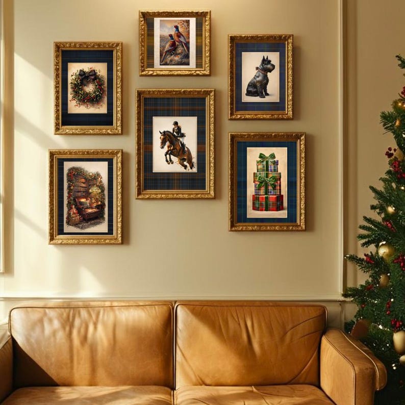May include: A gallery wall arrangement of six rectangular framed prints featuring various holiday and equestrian themes, including a wreath, a pheasant, a dog, a horse and rider, a cosy interior scene, and stacked gifts, all set in gold frames.