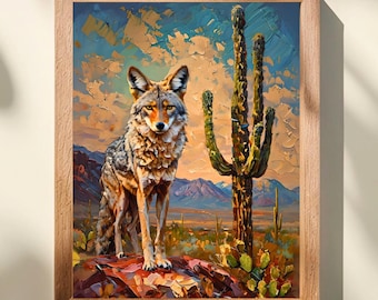 Desert Coyote Wall Art, Desert Wildlife Print with Saguaro Cactus, Rustic Southwest Home Décor for Desert Lovers