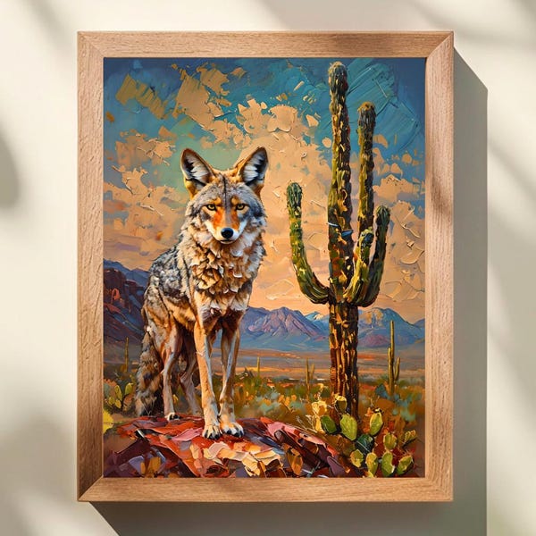 Desert Coyote Wall Art, Desert Wildlife Print with Saguaro Cactus, Rustic Southwest Home Décor for Desert Lovers
