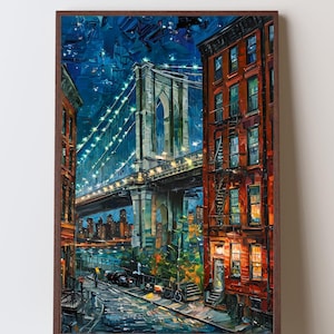 May include: A framed painting depicts the Brooklyn Bridge at night. The artwork uses thick brushstrokes and vibrant colors, with the bridge illuminated by strings of lights. Buildings line the street, and the sky is a deep blue.