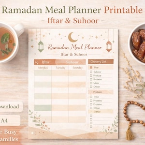Puede incluir: Un planificador de comidas del Ramadán imprimible con el texto "Iftar & Suhoor". El planificador incluye secciones para Iftar, Suhoor y una lista de compras. También se ven una taza de té, dátiles y cuentas de oración.