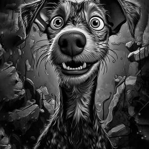 May include: A black and white illustration of a dog with a surprised expression. The dog has large, wide eyes, a prominent nose, and a wide grin, set against a background of abstract, broken stone elements.