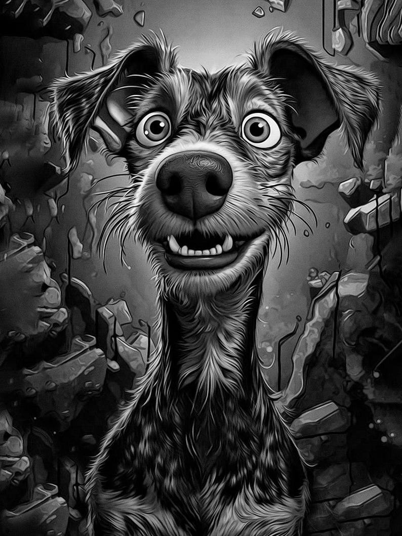 May include: A black and white illustration of a dog with a surprised expression. The dog has large, wide eyes, a prominent nose, and a wide grin, set against a background of abstract, broken stone elements.