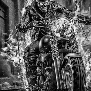 May include: Black and white illustration of a skull-faced figure riding a motorcycle engulfed in flames. The figure wears a leather jacket and pants, with chains and fire detailing the bike. The background shows a blurred cityscape.
