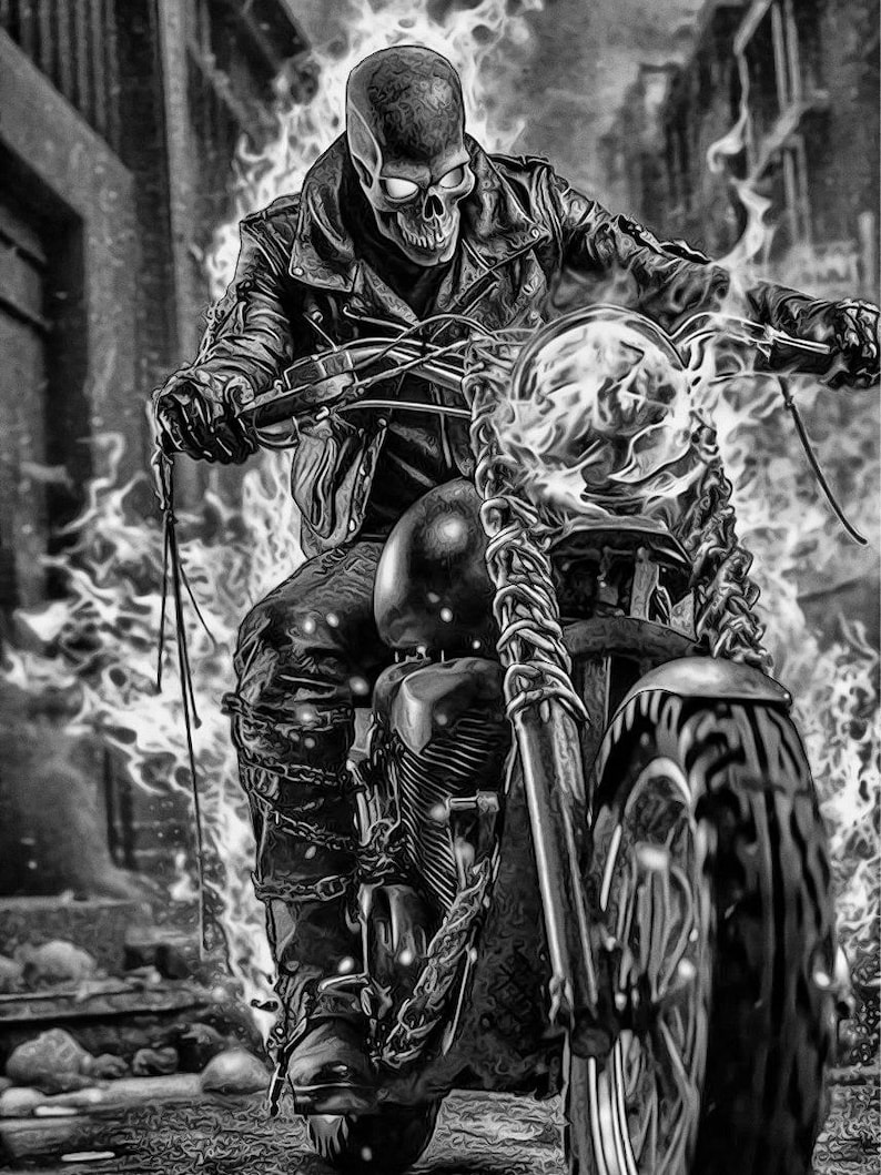 May include: Black and white illustration of a skull-faced figure riding a motorcycle engulfed in flames. The figure wears a leather jacket and pants, with chains and fire detailing the bike. The background shows a blurred cityscape.