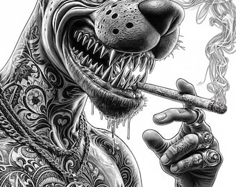 May include: Black and white illustration of a cartoon dog with tattoos, a gold chain, and rings, smoking a cigar. The dog has a menacing expression with sharp teeth and is exhaling smoke.