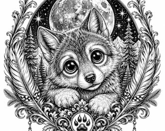 May include: A black and white illustration of a wolf pup with large eyes, centered within an oval frame. The background features a full moon, starry sky, and pine trees. The frame is decorated with feathers and a central paw print emblem.