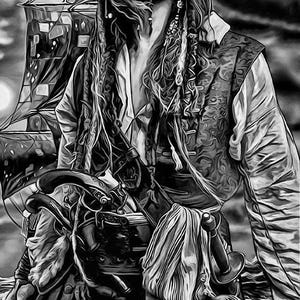 May include: Black and white illustration of a pirate with long hair, a bandana, and a vest. A pirate ship is in the background. The pirate is holding a sword and a pistol. The image has a dramatic, cinematic feel.