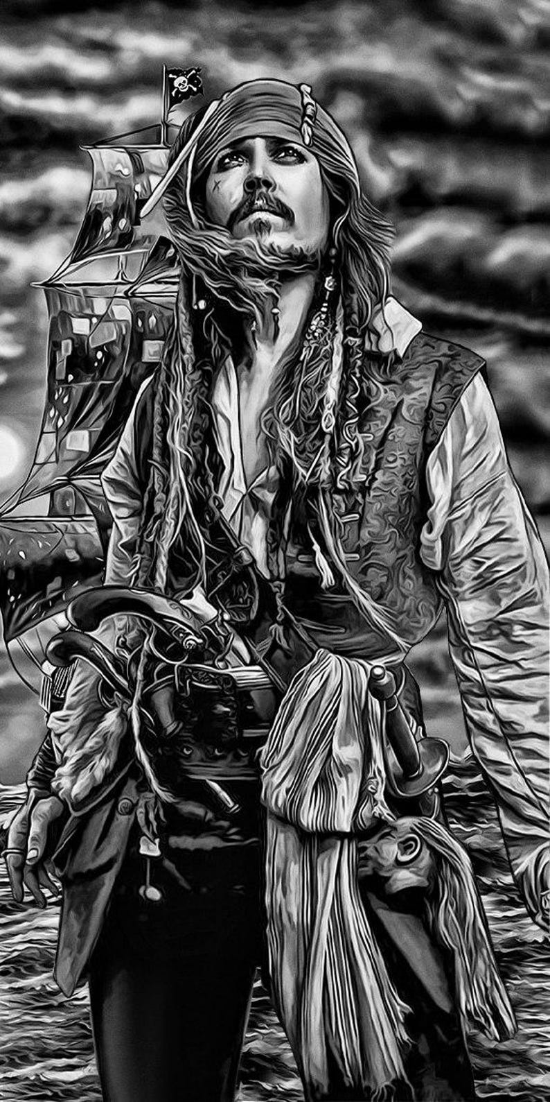 May include: Black and white illustration of a pirate with long hair, a bandana, and a vest. A pirate ship is in the background. The pirate is holding a sword and a pistol. The image has a dramatic, cinematic feel.