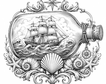 May include: A black and white line art illustration of a sailing ship inside a glass bottle, corked with rope and a compass charm. The bottle is surrounded by seashells, starfish, and ornate scrollwork, topped with a star-shaped compass rose.