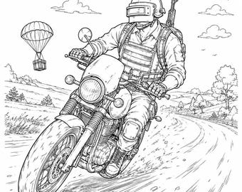 May include: A black and white line art illustration of a person wearing a tactical helmet and vest riding a motorcycle on a winding road. A parachute with a supply crate descends in the sky, and a rifle is strapped to the rider's back.