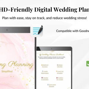 May include: A digital wedding planner on a tablet screen with a pink and gold marble background. The planner is titled "Wedding Planning Simplified" and is compatible with Goodnotes and Notability.