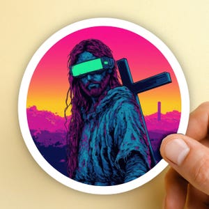 Adesivo Neon Cyberpunk Jesus - Design in stile fumetto retrò