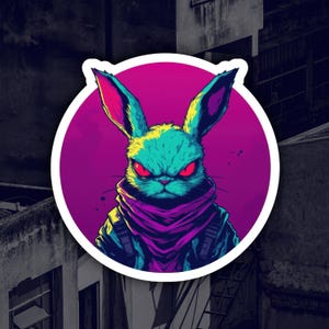 Adesivo Coniglio Domestico - Cyberpunk Neon Dark Art Colorato, Stile Pulp Retro
