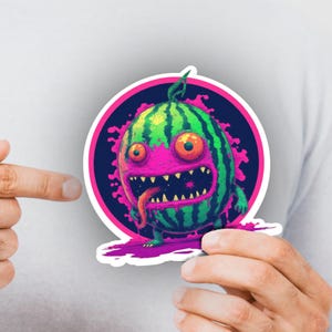 Adesivo mostro a forma di anguria, frutta fresca e pazza - Stile fumetto retrò!