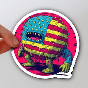 USA Patriot Monster Sticker – Cartoon Amerikaanse vlag karakter – Leuke retro kunst voor skateboards, snowboards en meer!